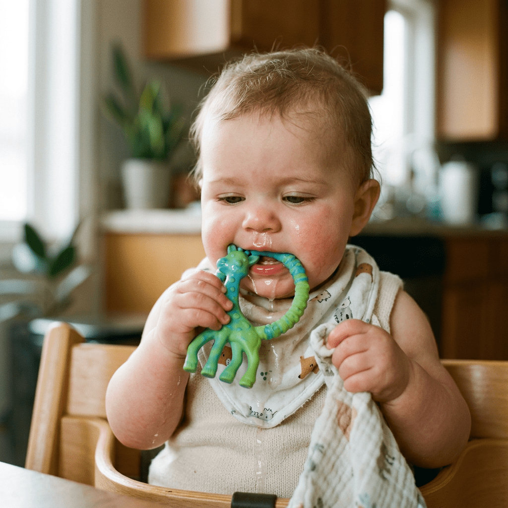 Baby chewing on a green giraffe-shaped teething toy in a highchair.